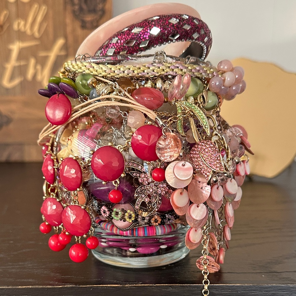 Colorful Mystery Jewelry Jar In Shades Of Red And Pink.